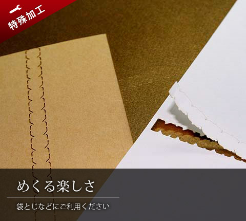 ジッパー加工のアップ　めくる楽しさ　袋とじなどにご利用ください